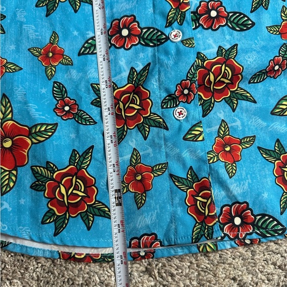 Dixxon Stay Gold Party Shirt Medium women’s Hawaiian blue red floral button up - Picture 11 of 12